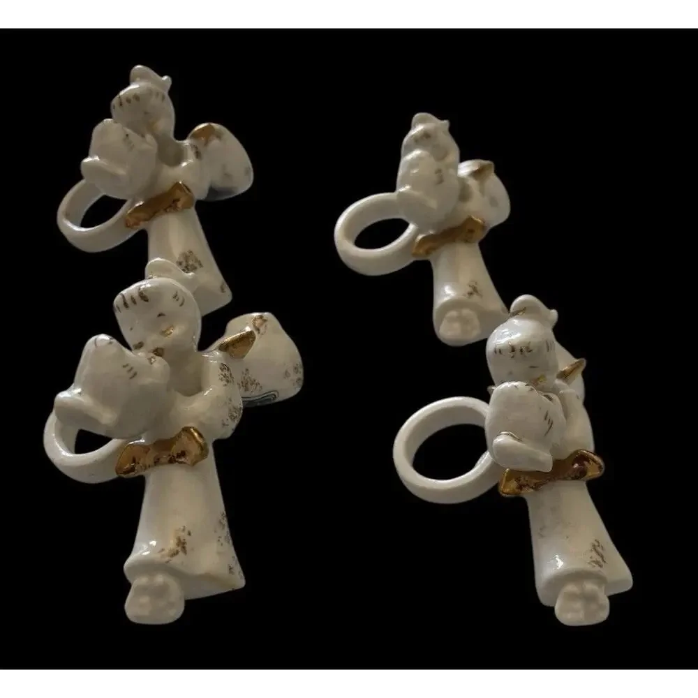 Set Of 4 Kissing Angels Candle Ornament Off White & Gold Pottery Vintage Taper